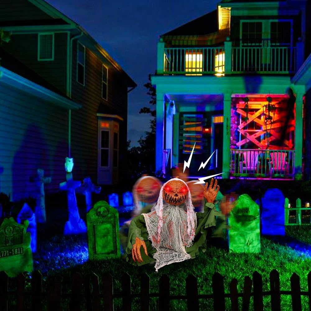 YUJUN Decoración animada de Halloween para Halloween, decoración de activación LED de Halloween, calabaza aterradora, fantasma, inducción de sonido,
