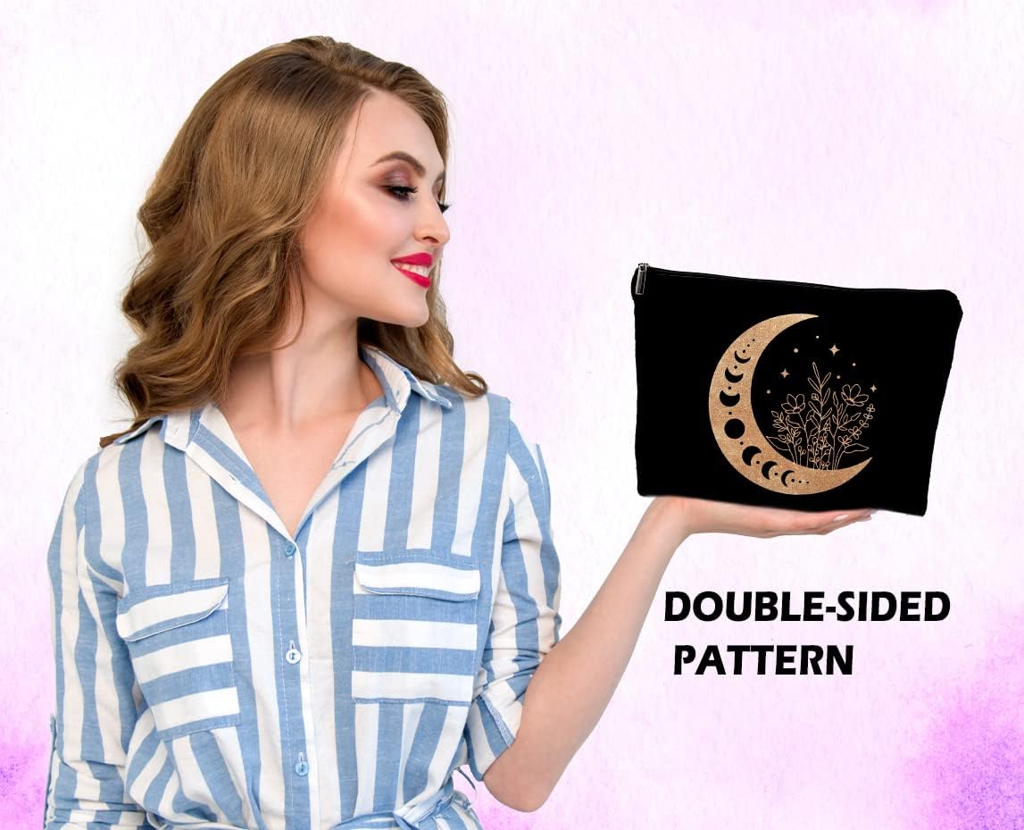 Dwept Bolsa de maquillaje bohemio floral celestial con fase lunar, luna creciente mística, de lino, bolsa de aseo de viaje, bolsa de cosméticos de