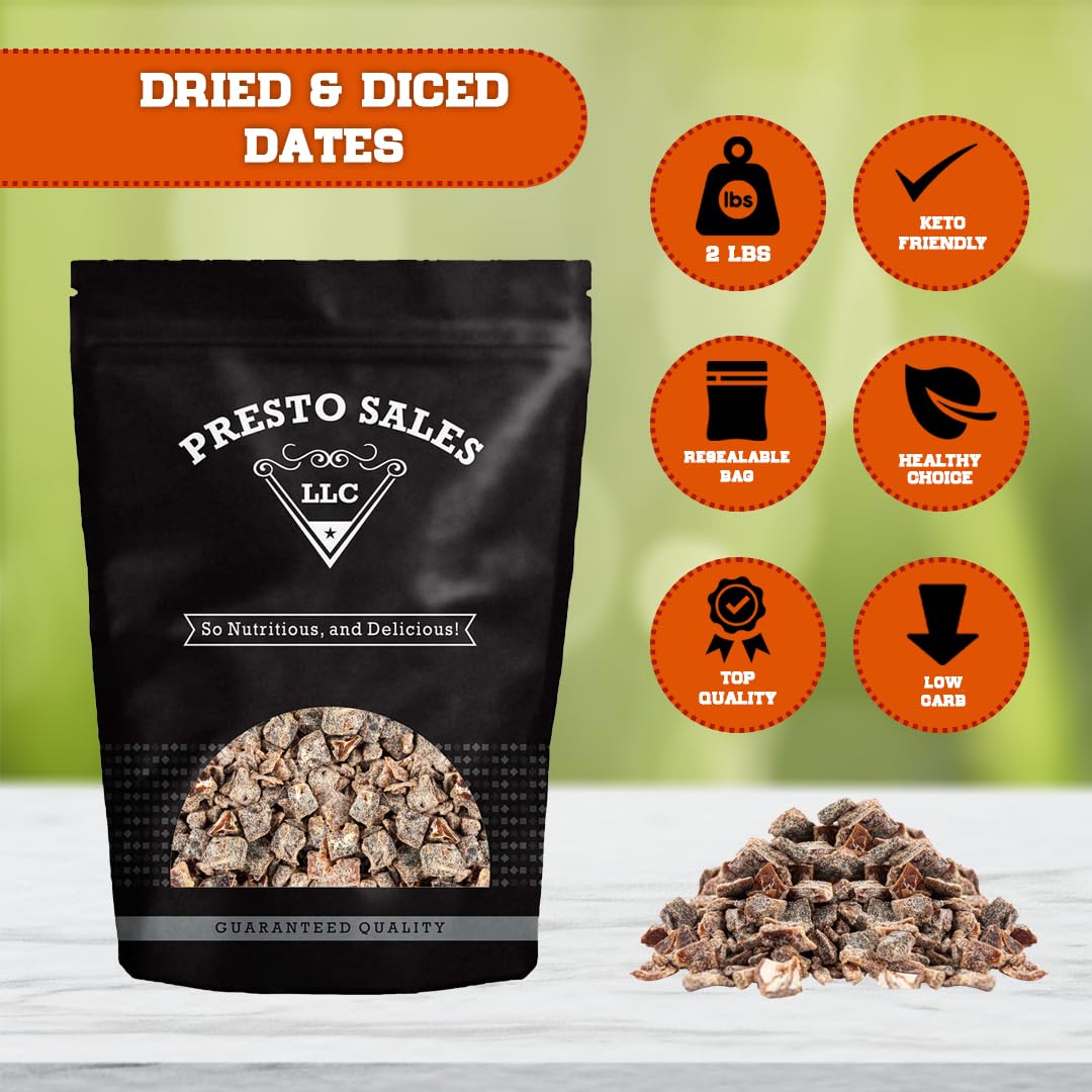 Presto Sales Dátiles picados 32 oz.  Carne gruesa y carnosa, 38 pulgadas en cubitos  Llamado “el rey de las fechas”, dulce y nutritivo bocadillo de