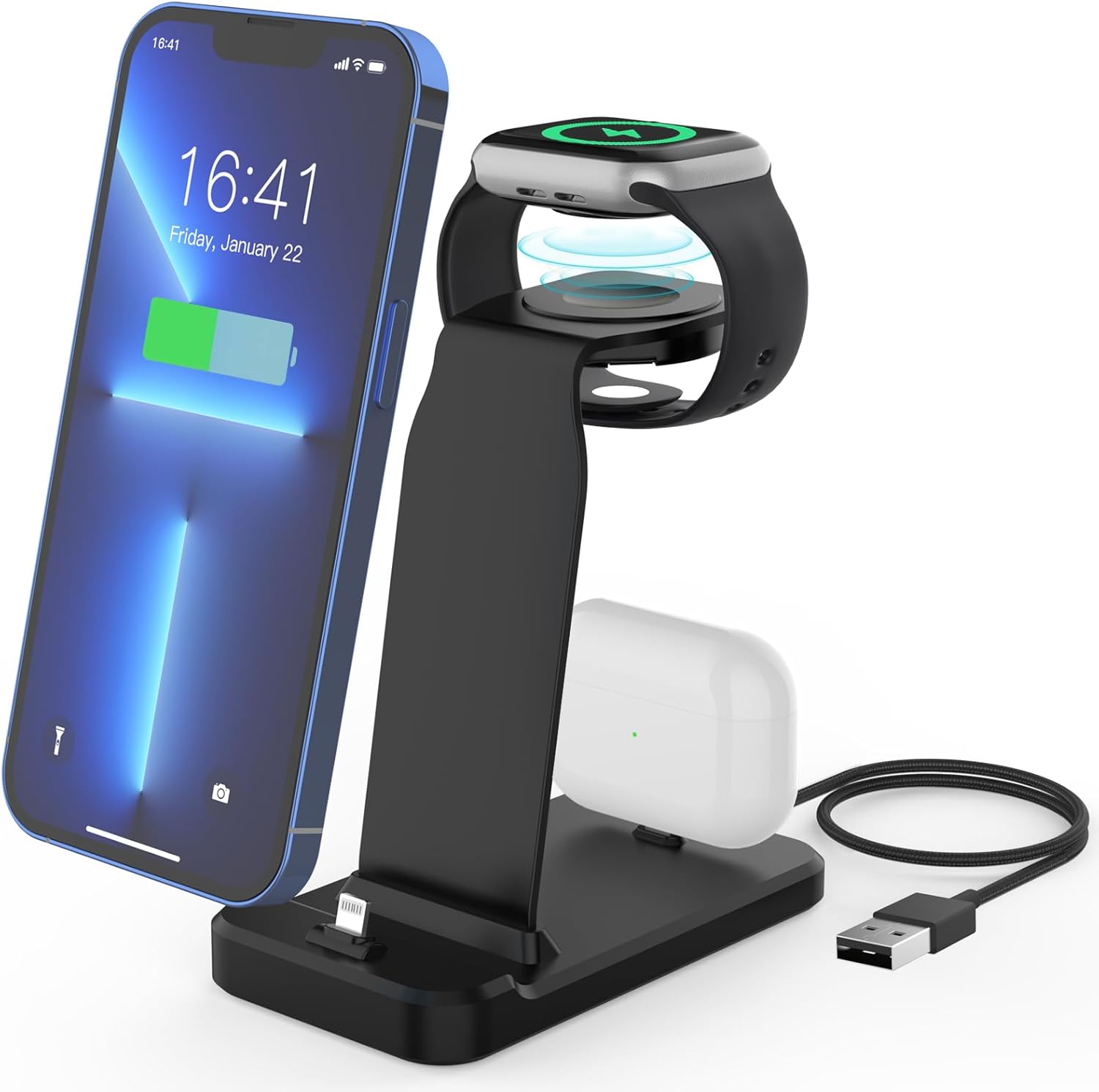 Estación de carga de aluminio 3 en 1 para iPhone 14131211ProMaxXSXRX8Plus, soporte de cargador de reloj Magentic para Apple Watch Series