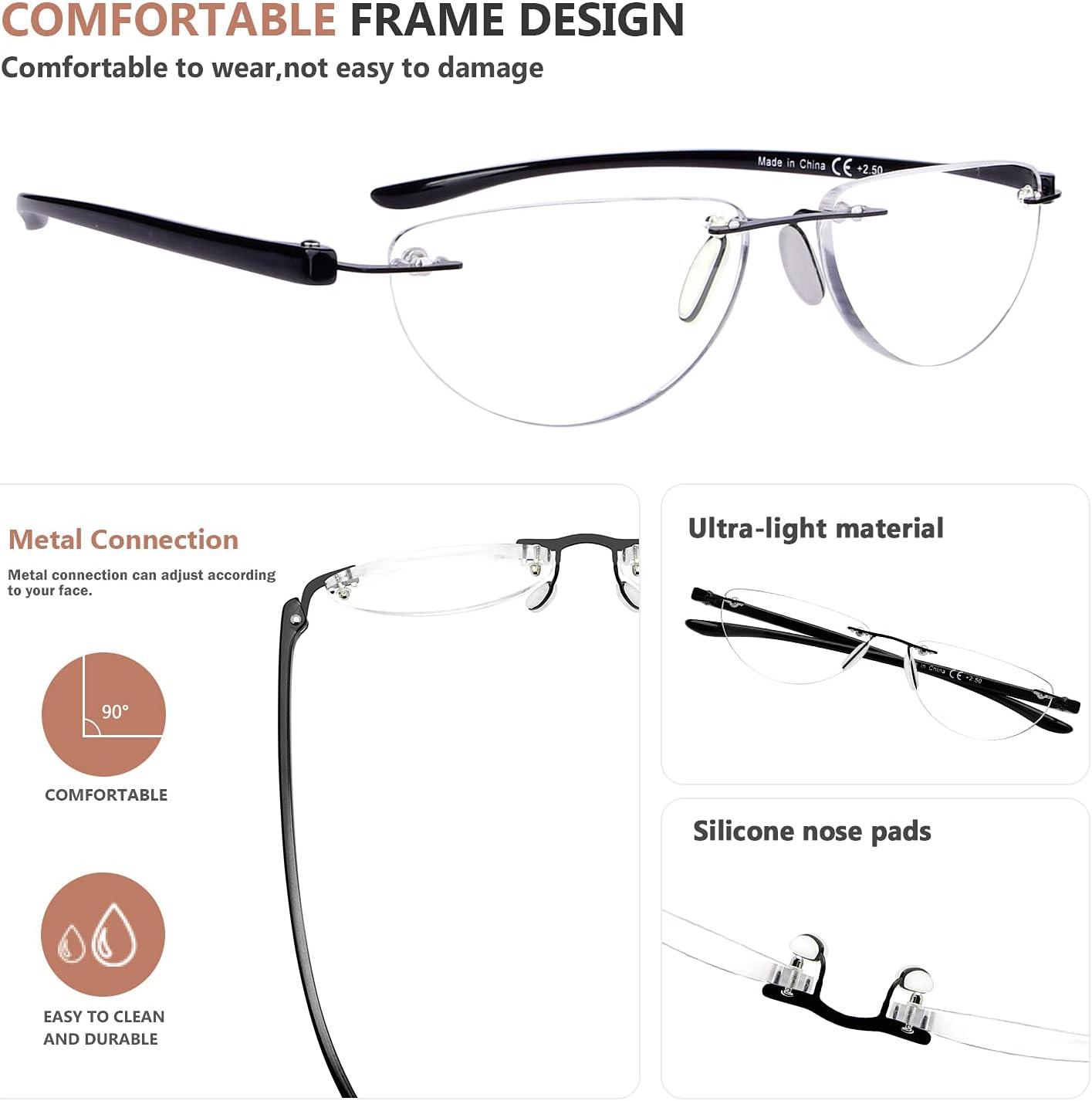Eyekepper Paquete de 4 lentes de lectura sin montura para mujeres y hombres, lectores de media luna +1.25