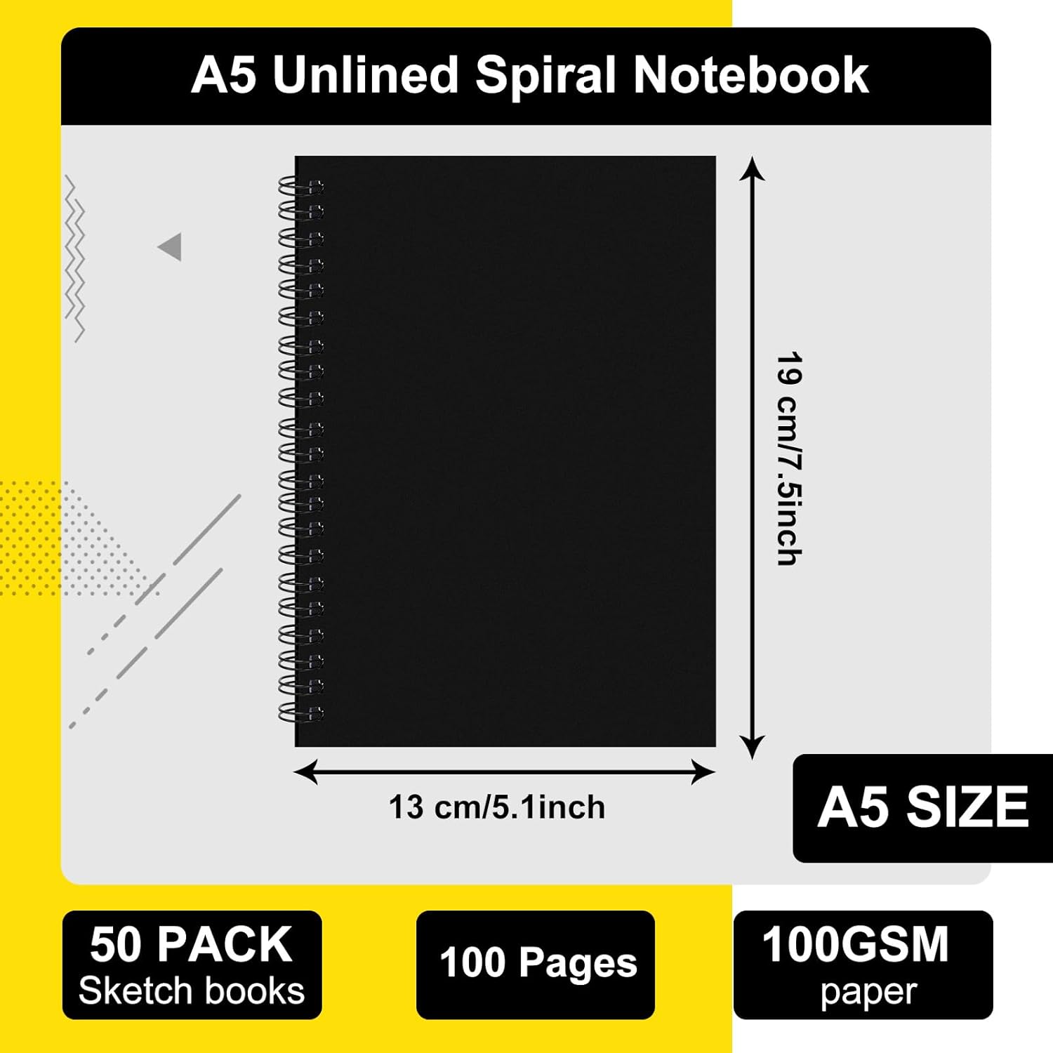 Fulmoon 50 cuadernos de bocetos negros en blanco con espiral sin forro, tapa suave, libro de dibujo de papel kraft a granel para estudiantes,