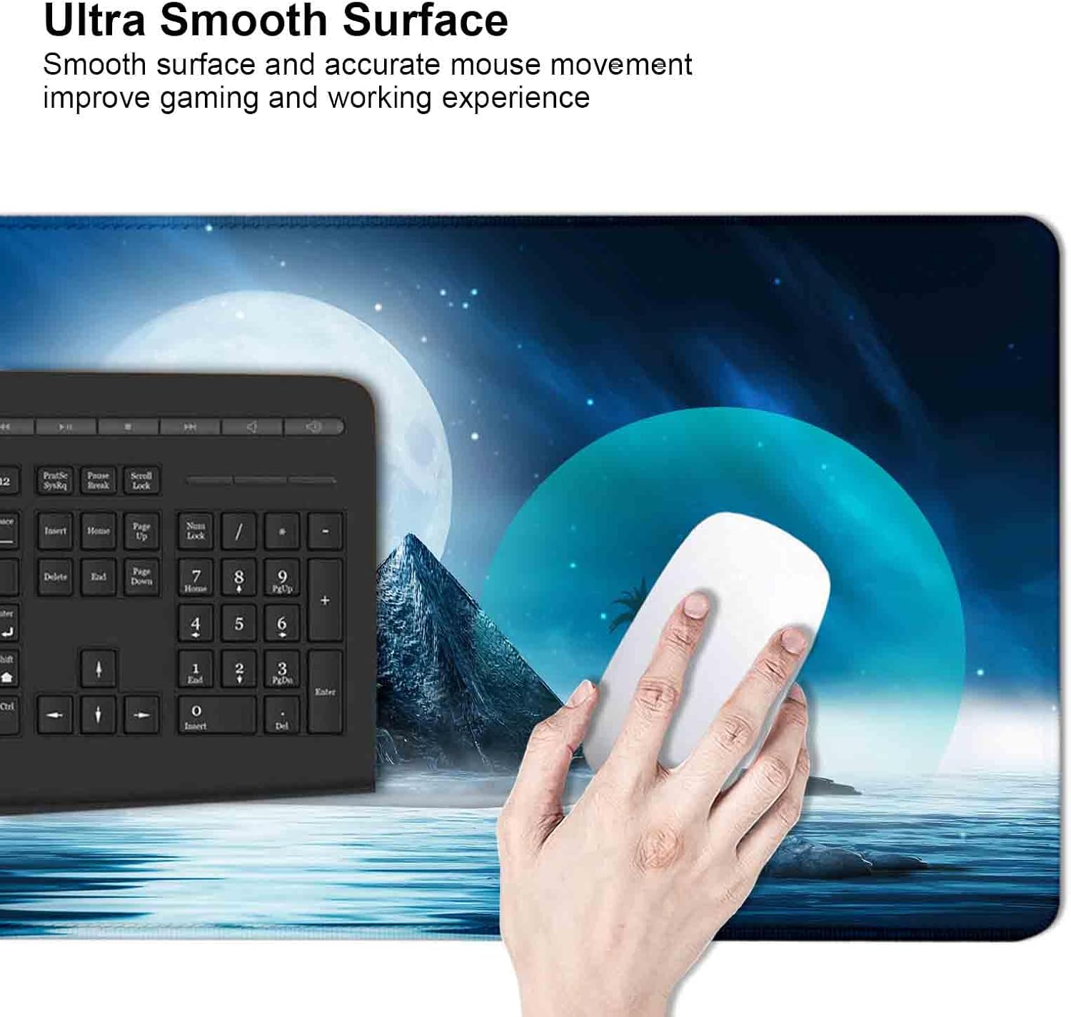 Alfombrilla de mouse grande extendida para juegos con bordes cosidos, alfombrilla de escritorio de luna llena de montaña azul para computadora,