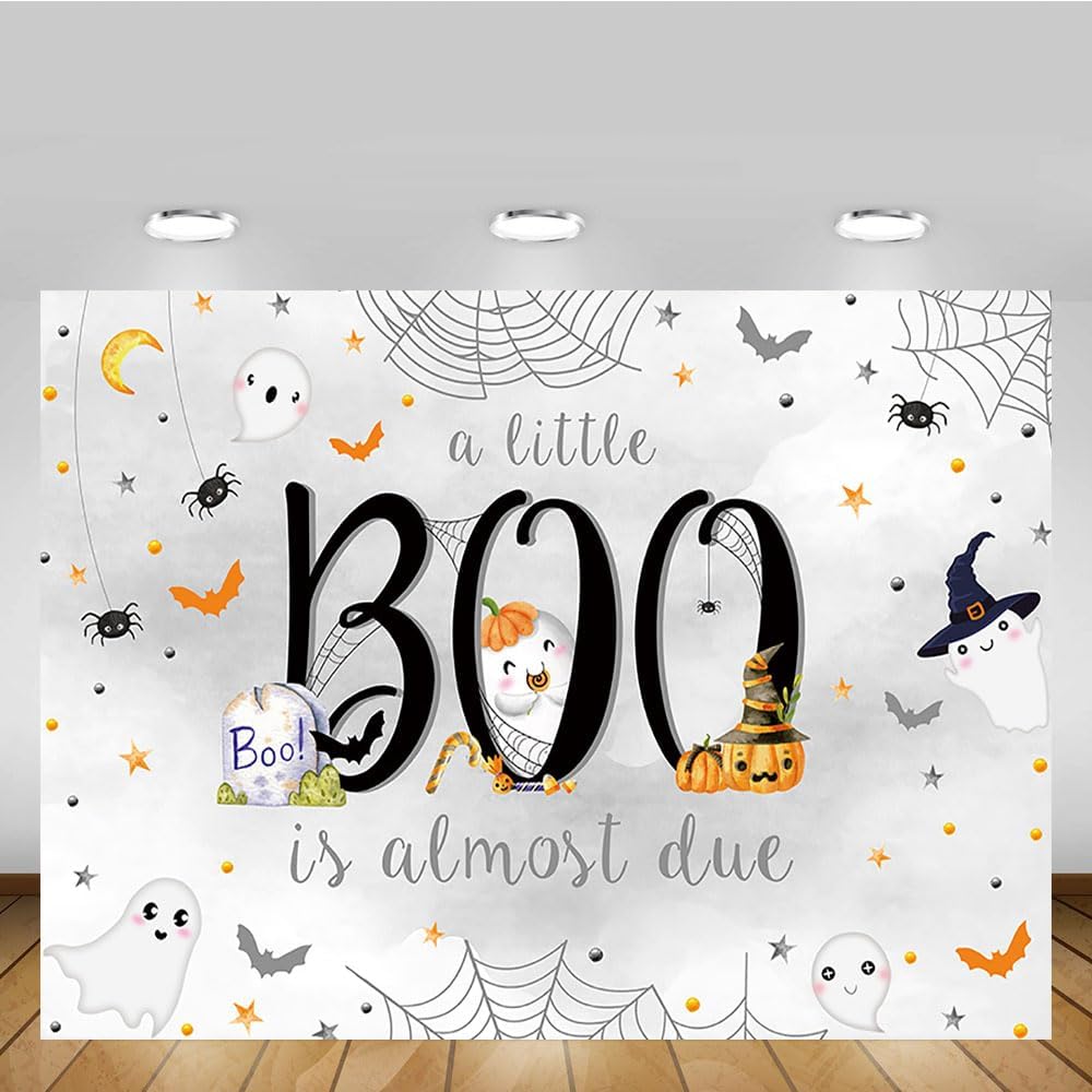 MEHOFOND Telón de fondo de Halloween para baby shower de 7 x 5 pies para niño, fantasma blanco a Little Boo is Almost Due Spooky Ghost Background