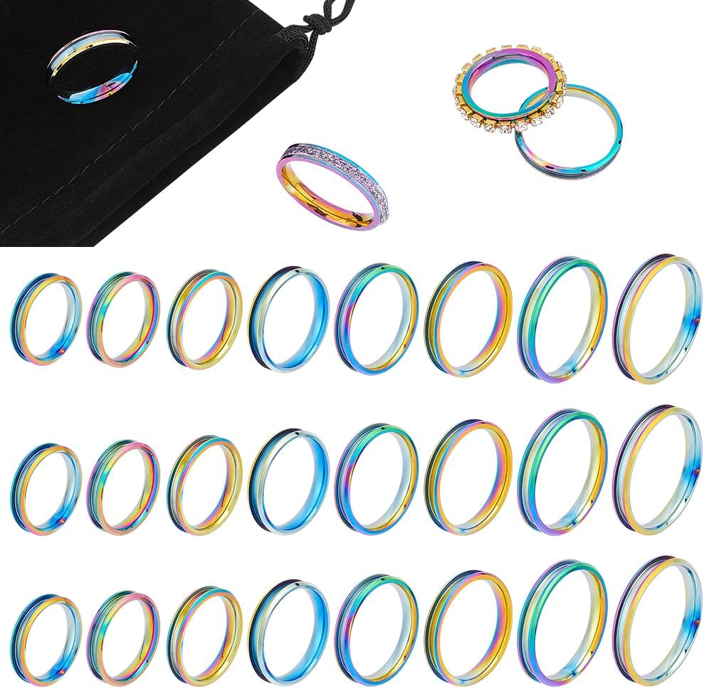 UNICRAFTALE 24 piezas de anillo en blanco arcoíris de 8 tamaños de acero inoxidable ranurado anillo redondo vacío en blanco anillo para