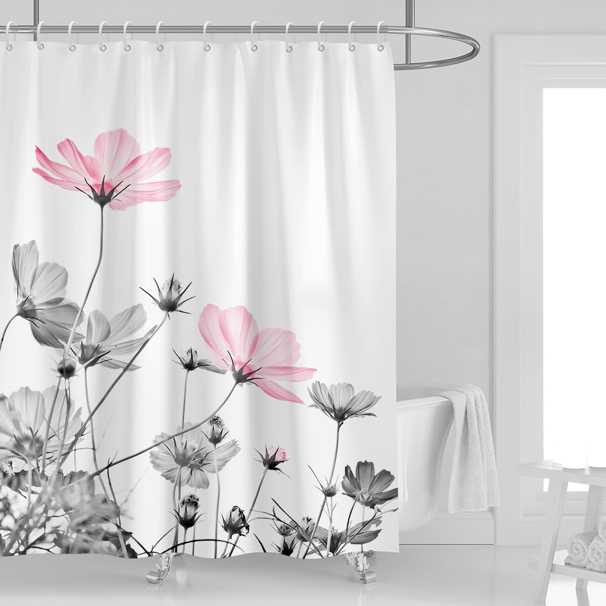Kikiry Cortina de ducha extralarga, 72 pulgadas de ancho x 84 pulgadas de largo, color rosa, gris, blanco, gris, flores silvestres, margaritas,
