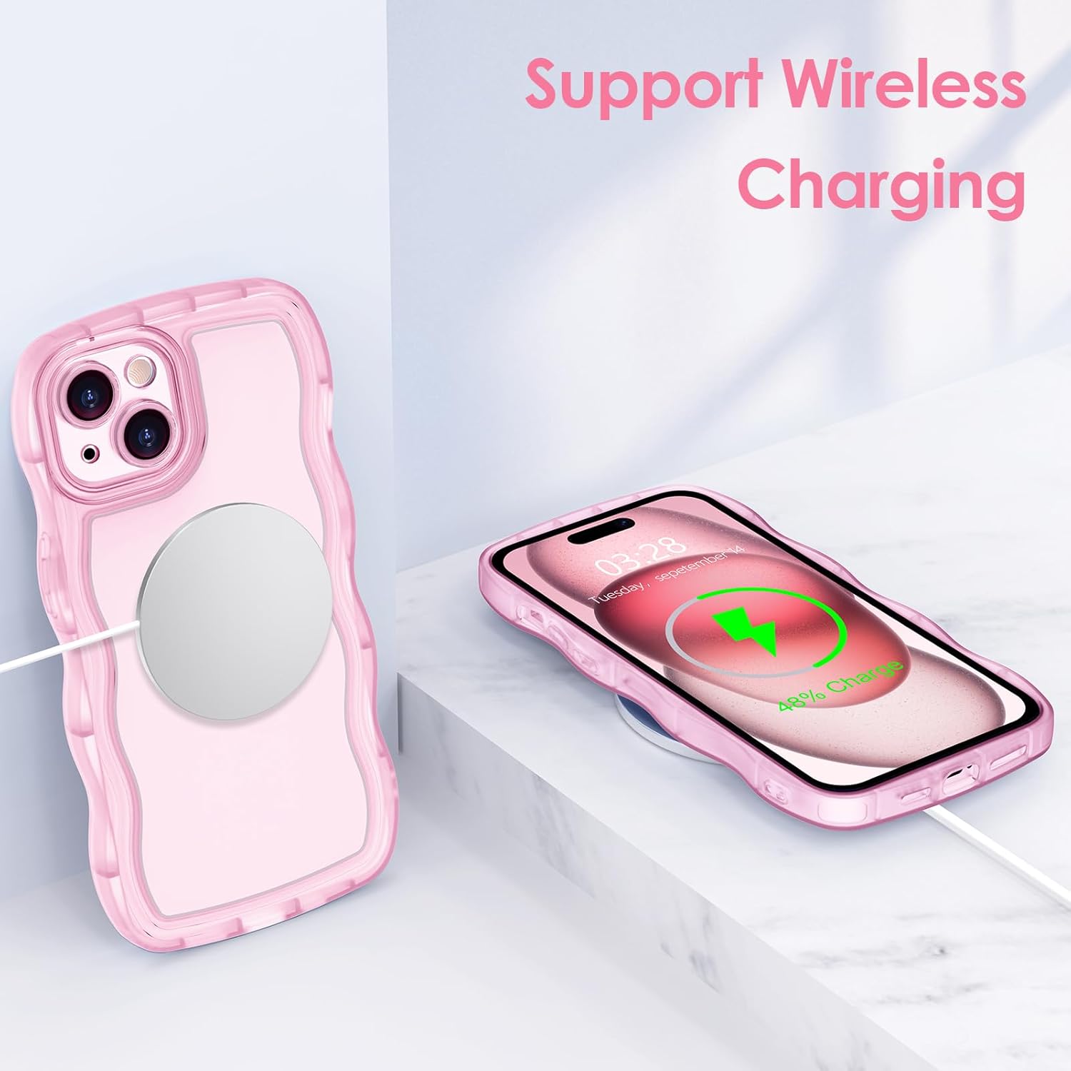Anuck Funda para iPhone 15 con borde ondulado, diseño de parte trasera transparente, agarre antideslizante, forma de marco rizado ondulado, a prueba