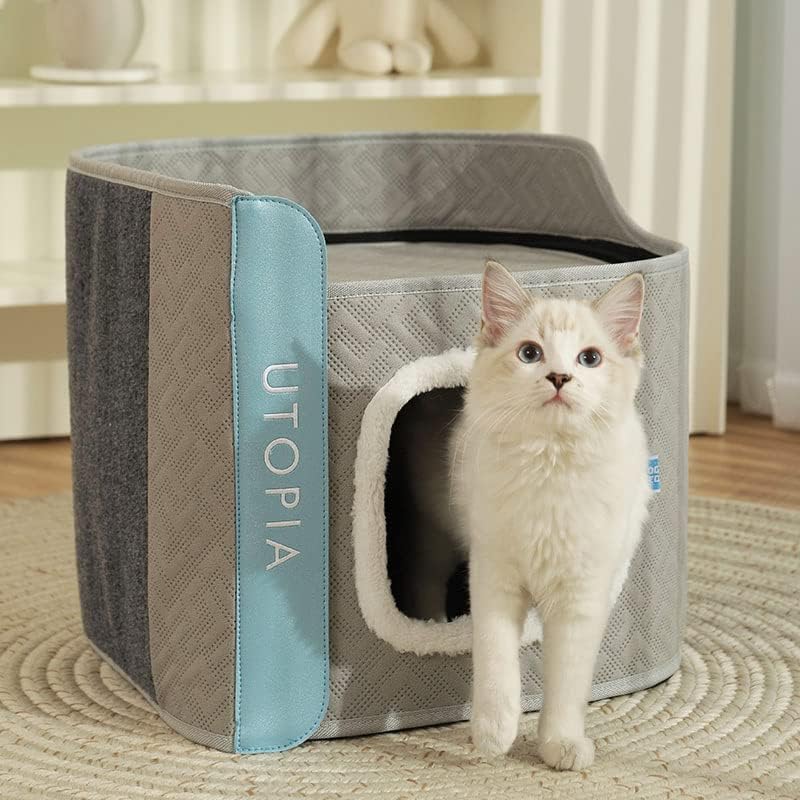 Camas grandes cubiertas para gatos con almohadilla de arañazos para gatos de interior, casa para gatos para mascotas, cueva de gato, doble plegable