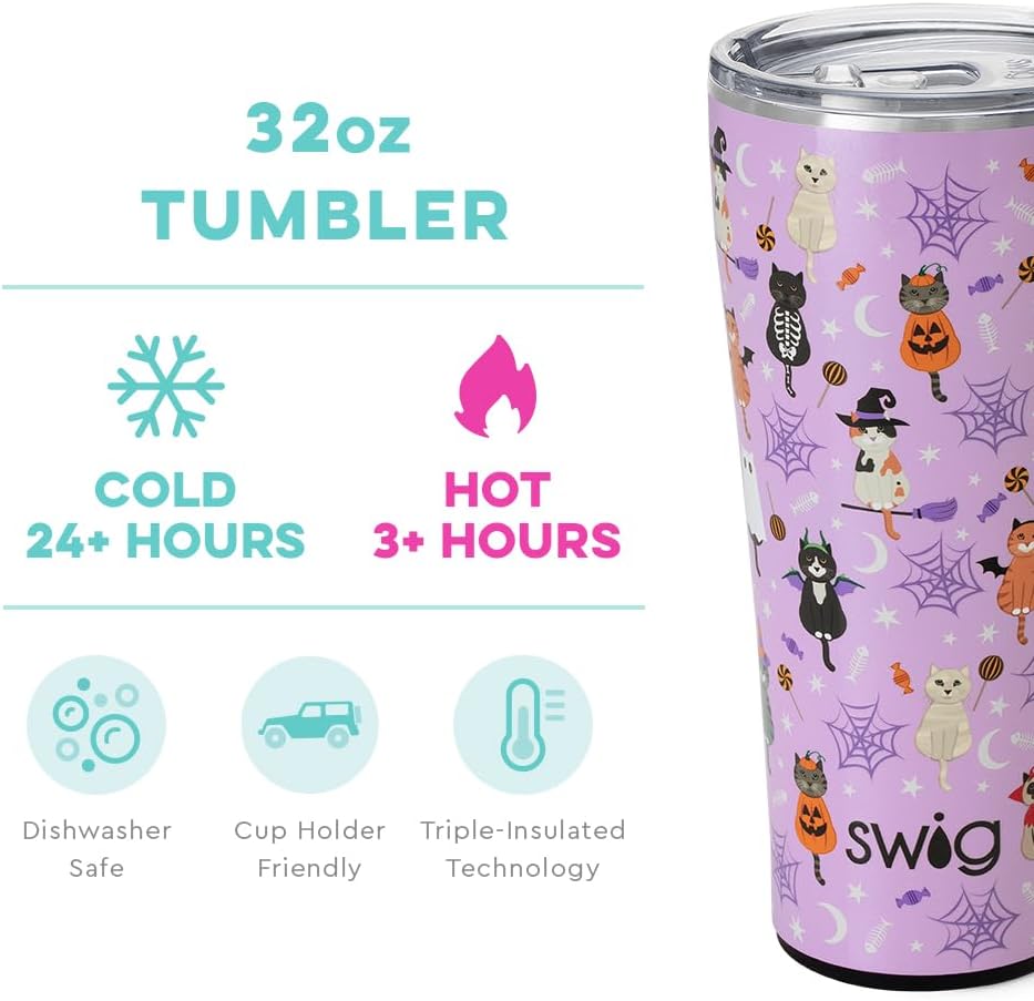 Swig Life Vaso XL de 32 onzas  Impresiones discontinuas  Vaso de café aislado con tapa, apto para vasos, apto para lavavajillas, acero inoxidable,