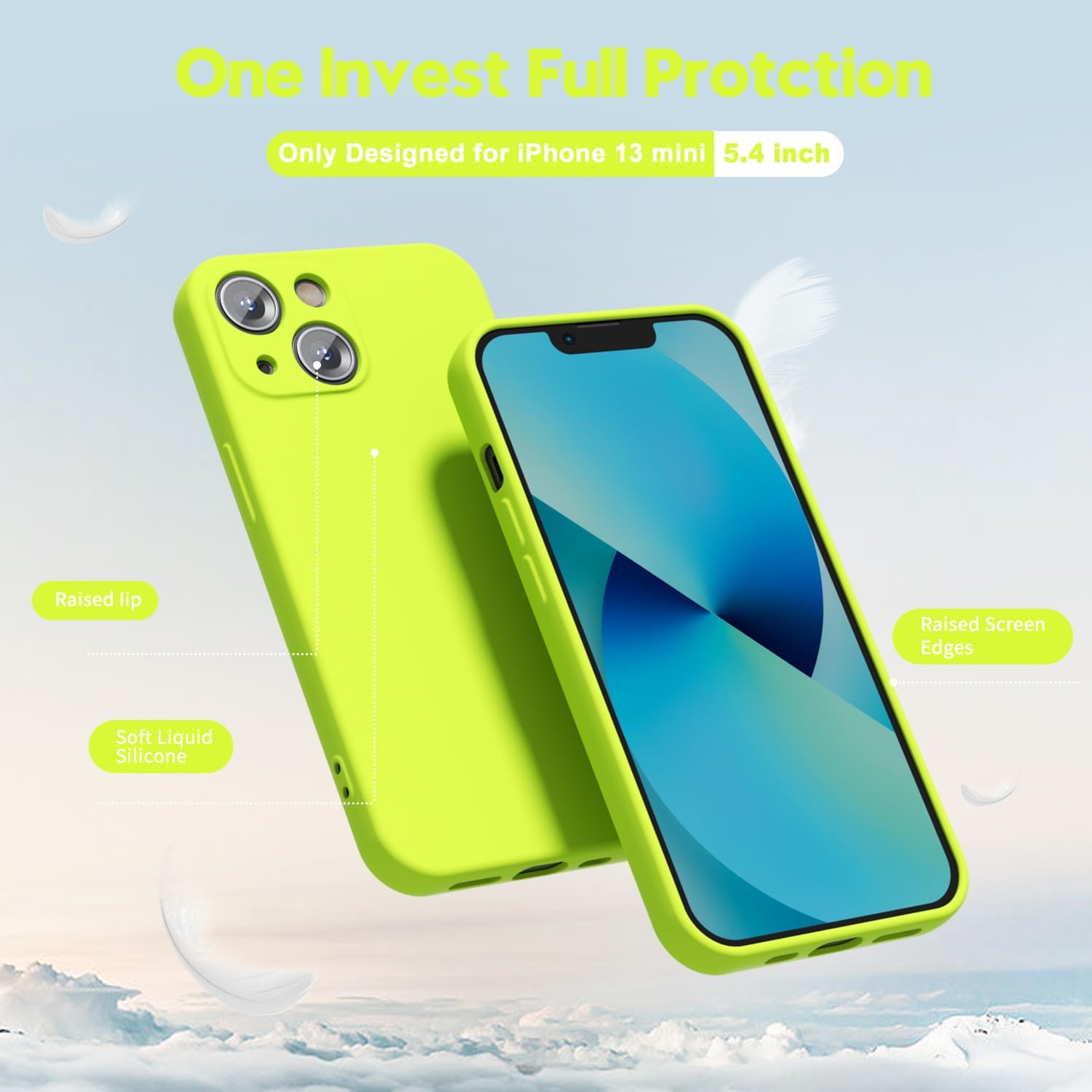oakxco Funda protectora para iPhone 13 Mini de silicona líquida, color sólido brillante fluorescente, bonita funda protectora delgada y delgada de