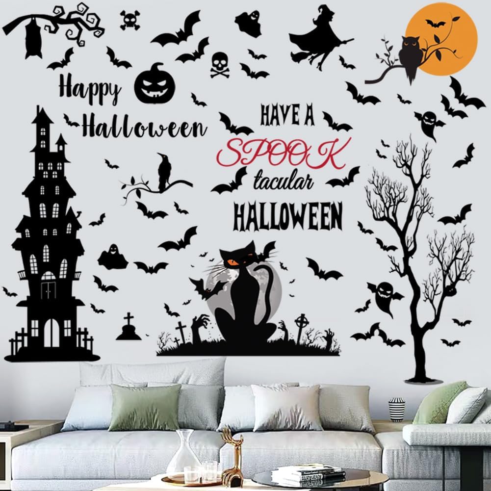 Calcomanías de pared de Halloween, decoración de pared de murciélagos, castillo antiguo, decoración de pared de Halloween para ventana, hogar,