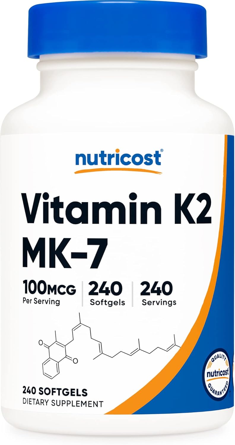 Nutricost Vitamina K2 MK-7 100 mcg 240 cápsulas blandas sin gluten y sin OMG MK7 Nutricost Vitamina K2 MK-7 100 mcg 240 cápsulas blandas sin gluten y sin OMG MK7