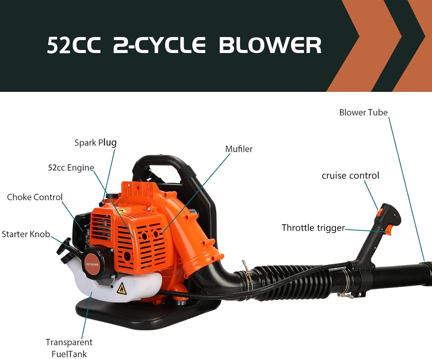 Soplador de hojas de mochila, soplador de hojas inalámbrico a gas de 52 cc, soplador de nieve motor de 2 tiempos, tanque de combustible de 1.2 L,
