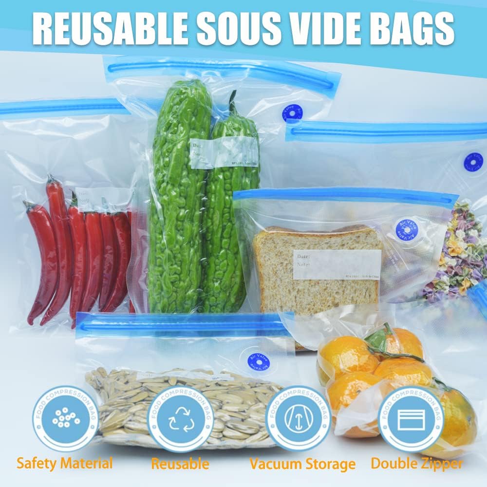 Daarcin Juego de 15 bolsas supergrandes para Sous Vide, bolsas selladoras al vacío reutilizables sin BPA y 2 clips de sellado para almacenamiento de
