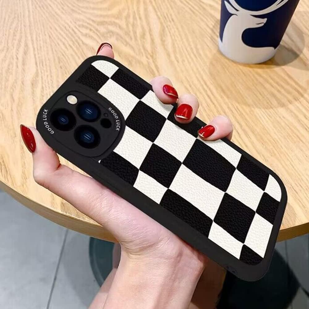 Casechics Funda compatible con iPhone, diseño estético retro clásico a cuadros, tablero de ajedrez a cuadros, protección de lente de la cámara,