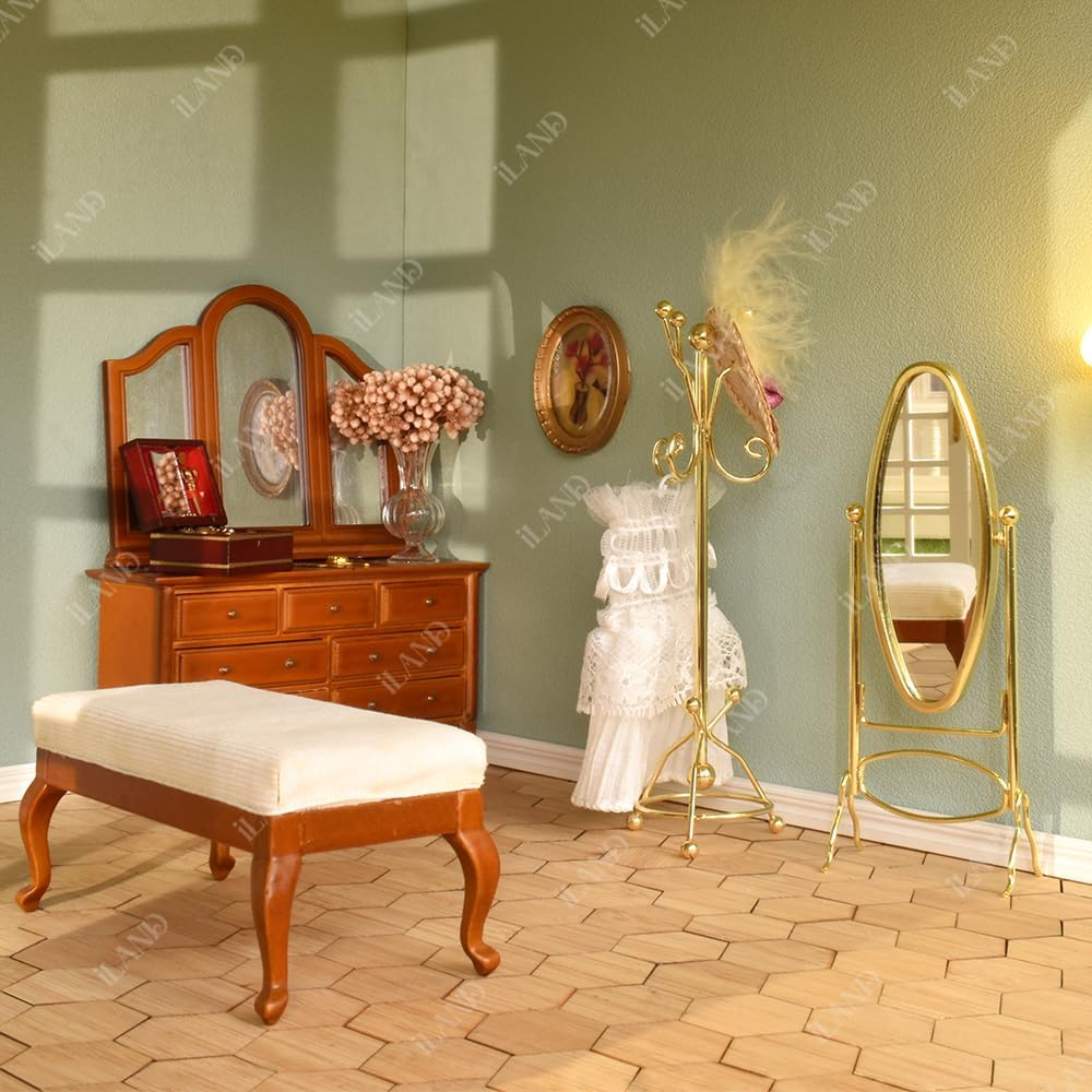 iLAND Muebles para casa de muñecas a escala 112, perchero para casa de muñecas y espejo de longitud completa (color dorado)