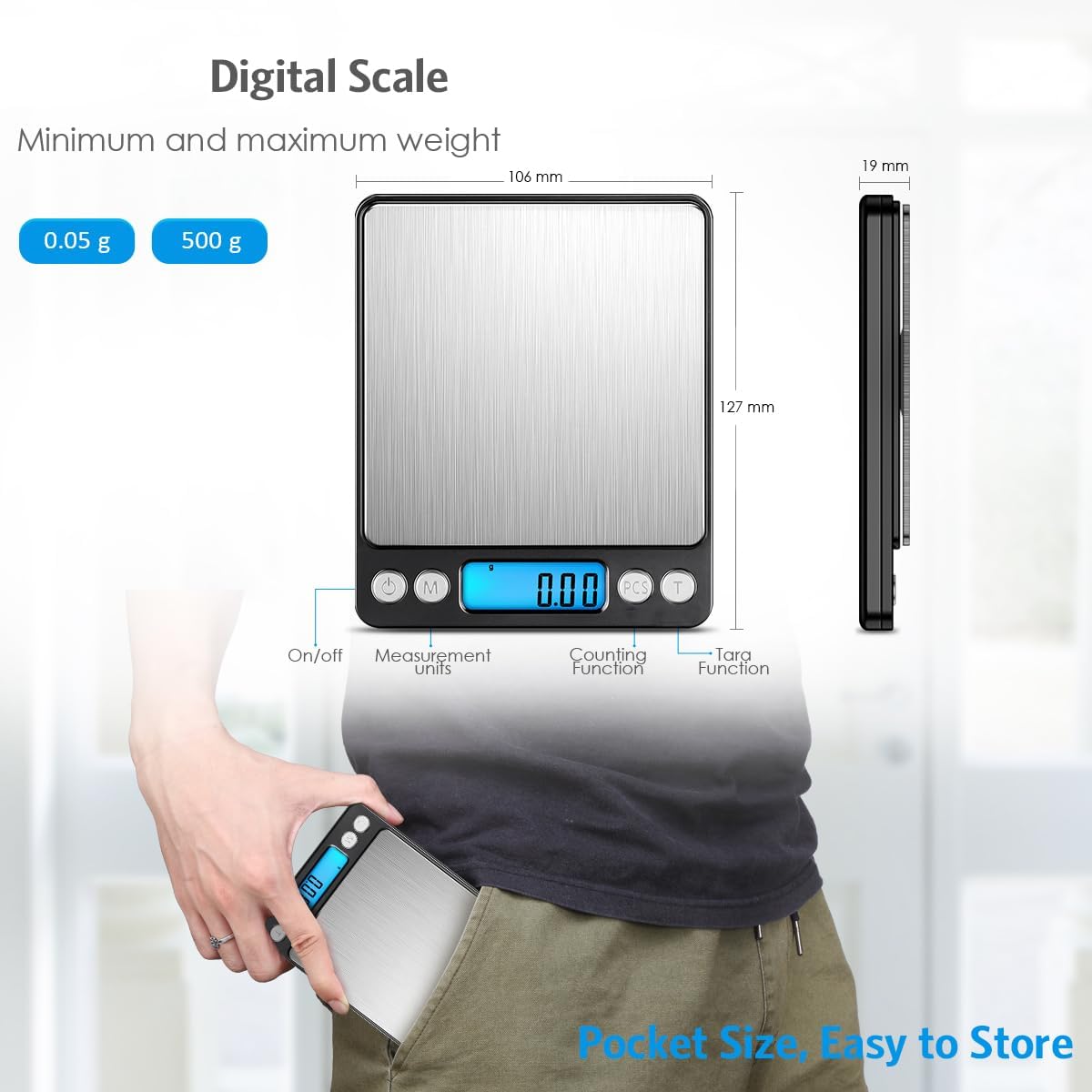 Báscula digital de cocina, 17.64 oz0.00 oz, báscula de joyería de bolsillo con pantalla LCD retroiluminada, 6 unidades de apagado automático de tara