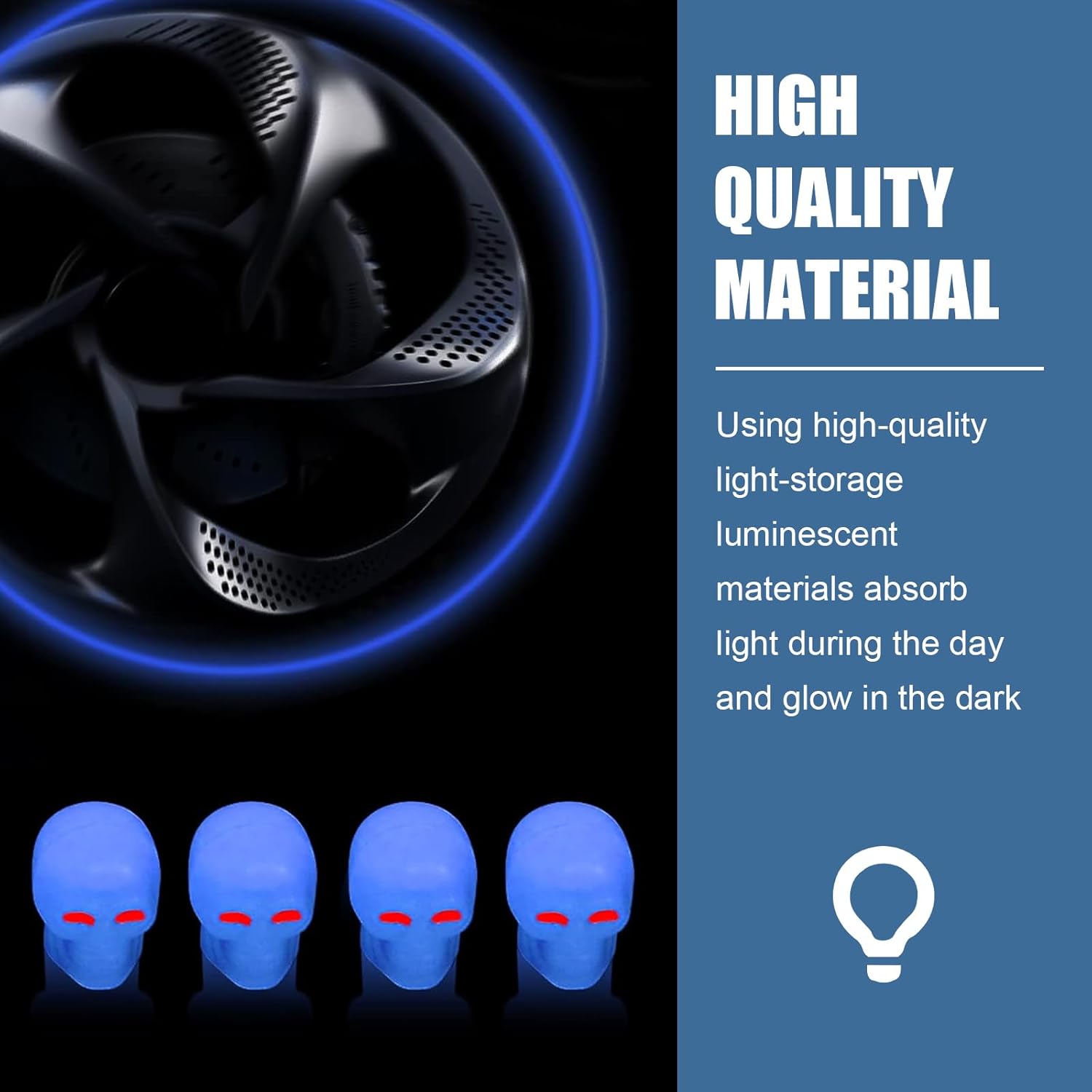 4 tapas de válvula de neumático de automóvil, mini tapa luminosa en forma de calavera, compatible con la mayoría de automóviles y motocicletas (azul)