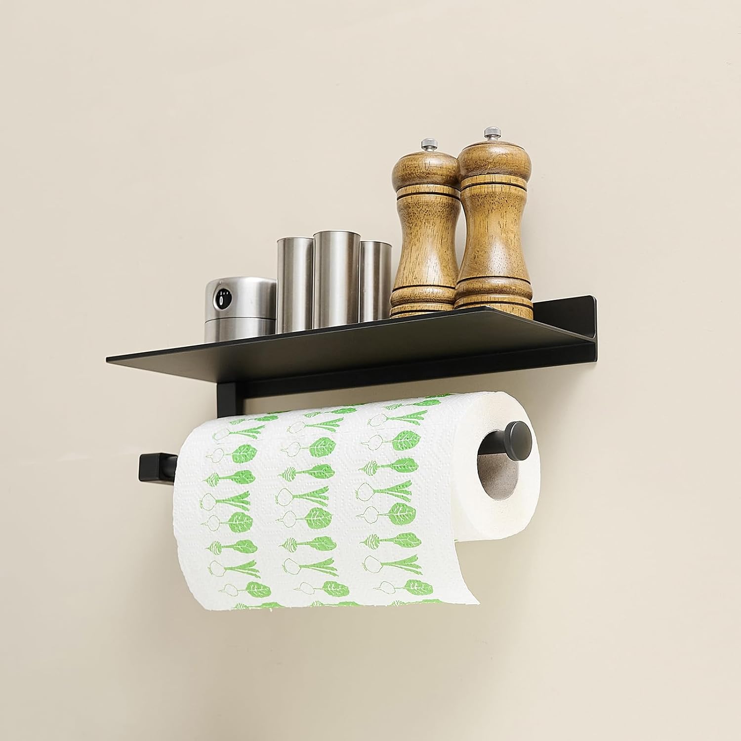 Soporte de pared para toallas de papel, para baño, toallero de mano para baño, soporte para toallas de papel negro con estante (negro mate)
