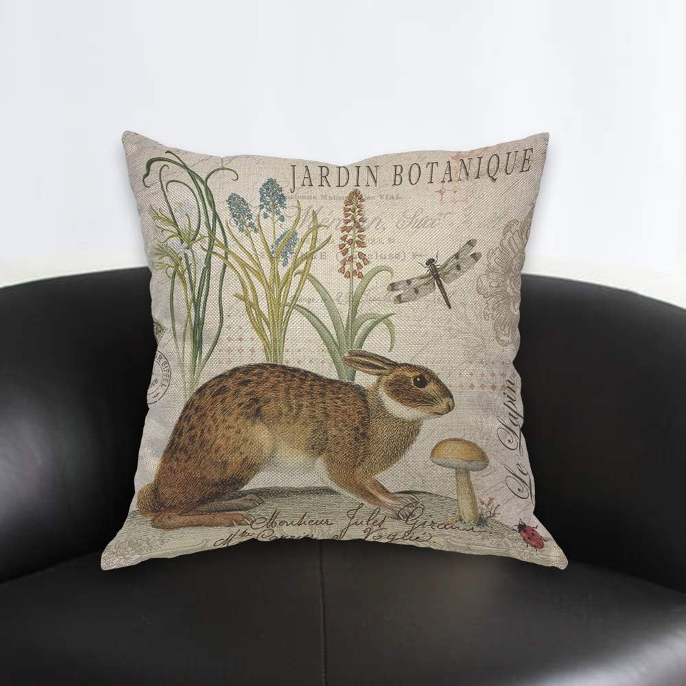 AOYEGO Funda de almohada de Pascua con diseño de conejo, diseño botánico de hojas florales y naturales, insectos, follaje, brote, 18 x 18 pulgadas,