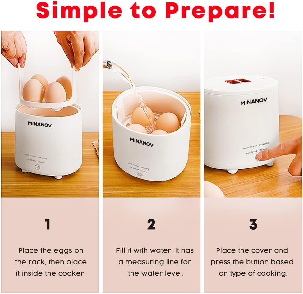 MINANOV Olla eléctrica para huevos  Cocina inteligente para huevos duros, hervidos suaves, huevos al vapor, Onsen Tamago  Mini olla de huevos para
