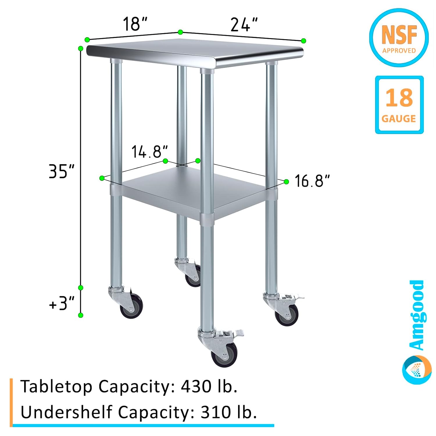Mesa de trabajo AmGood de acero inoxidable con ruedas de 24 x 18 pulgadas  Mesa móvil de metal  Preparación de alimentos