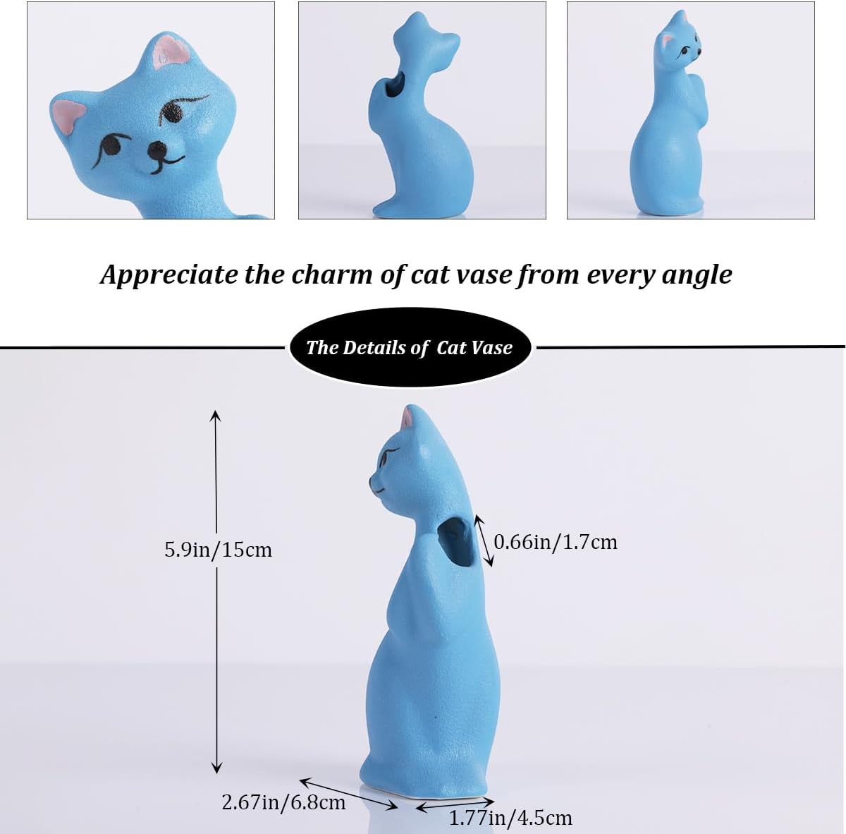 Jarrón de cerámica para gatos, florero azul, decoración multifuncional para jarrón y adorno, estatua de gato hecha a mano para sala de estar,