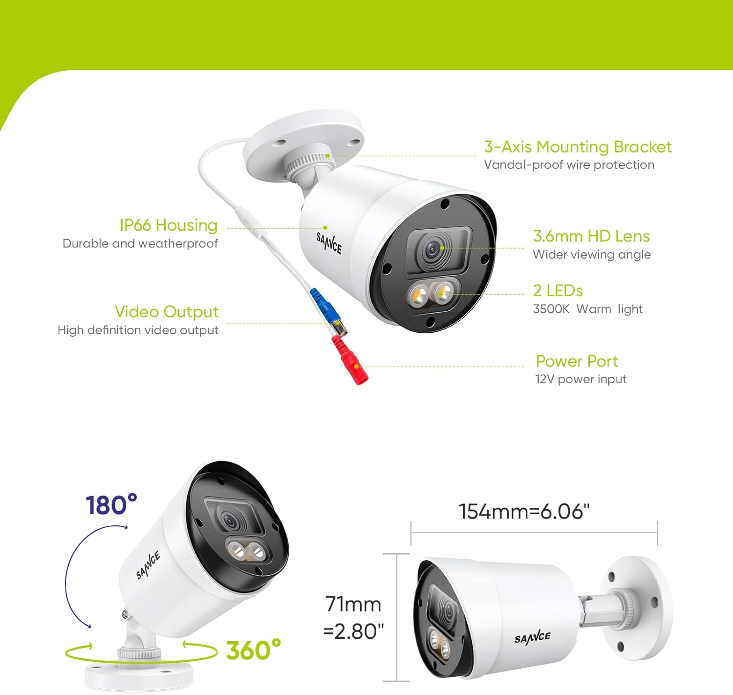 SANNCE Cámara de seguridad con cable de visión nocturna a todo color 1080P TVI, 2 luces cálidas, IP66 resistente a la intemperie para uso en