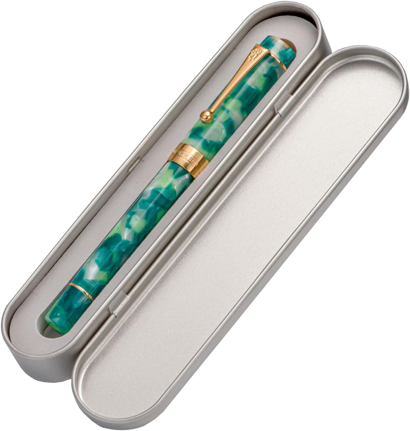Jinhao – Pluma estilográfica clásica con borde dorado de mármol verde, punta M con convertidor y estuche para bolígrafos