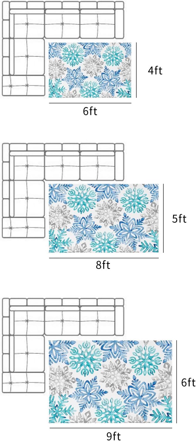 Outdoor Rug Carpet Waterproof 5×8 ft Area Rug, Blue Green Snowflake Winter Large Floor Mat for Patio Balcony Living Room Backyard Picnic Beach RV