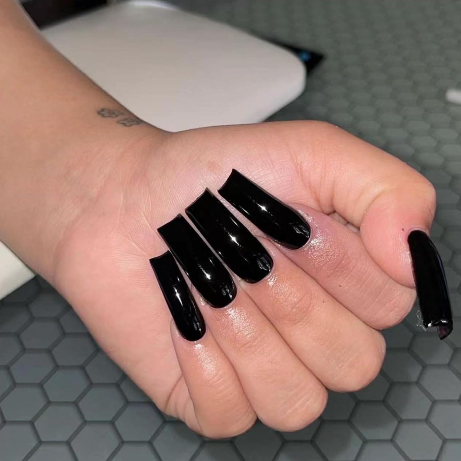 Uñas postizas negras a presión, largas y cuadradas, de color sólido, con diseños, uñas acrílicas extralargas, reutilizables, uñas artificiales