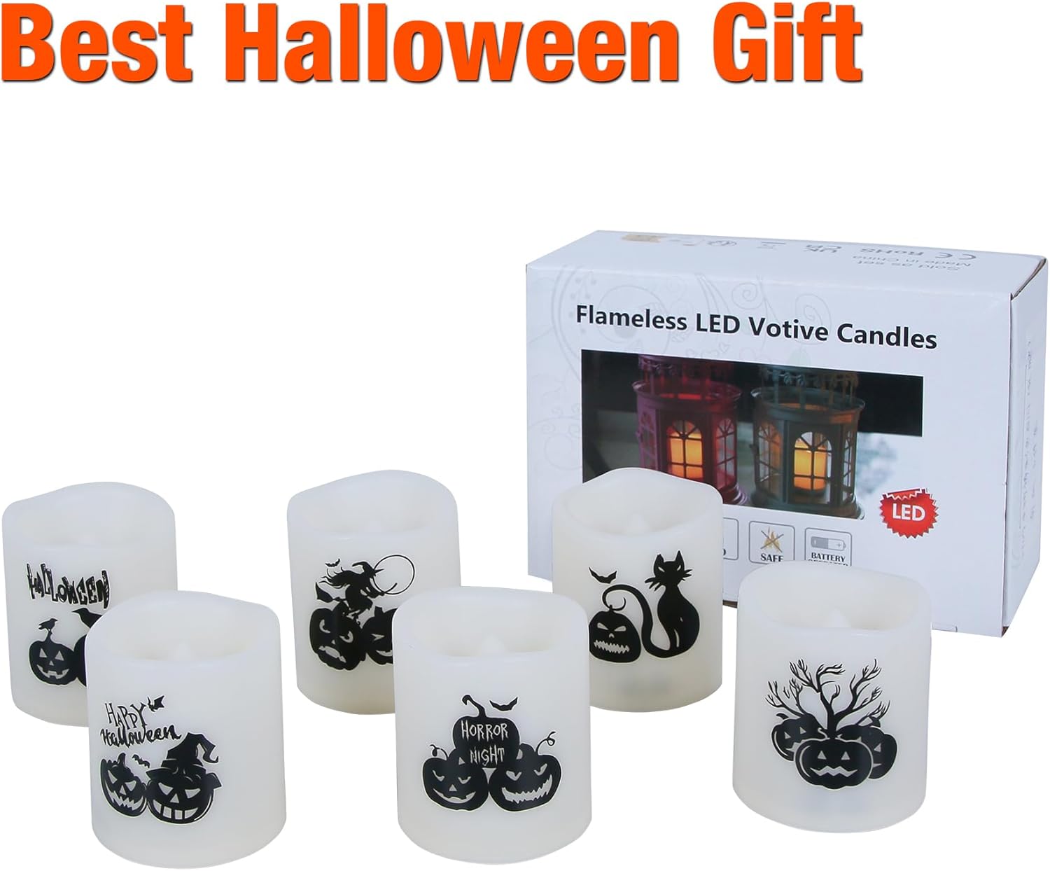 Velas votivas de Halloween sin falma, más de 200 horas, velas LED parpadeantes con calcomanías de calabazas para decoración del hogar de Halloween,