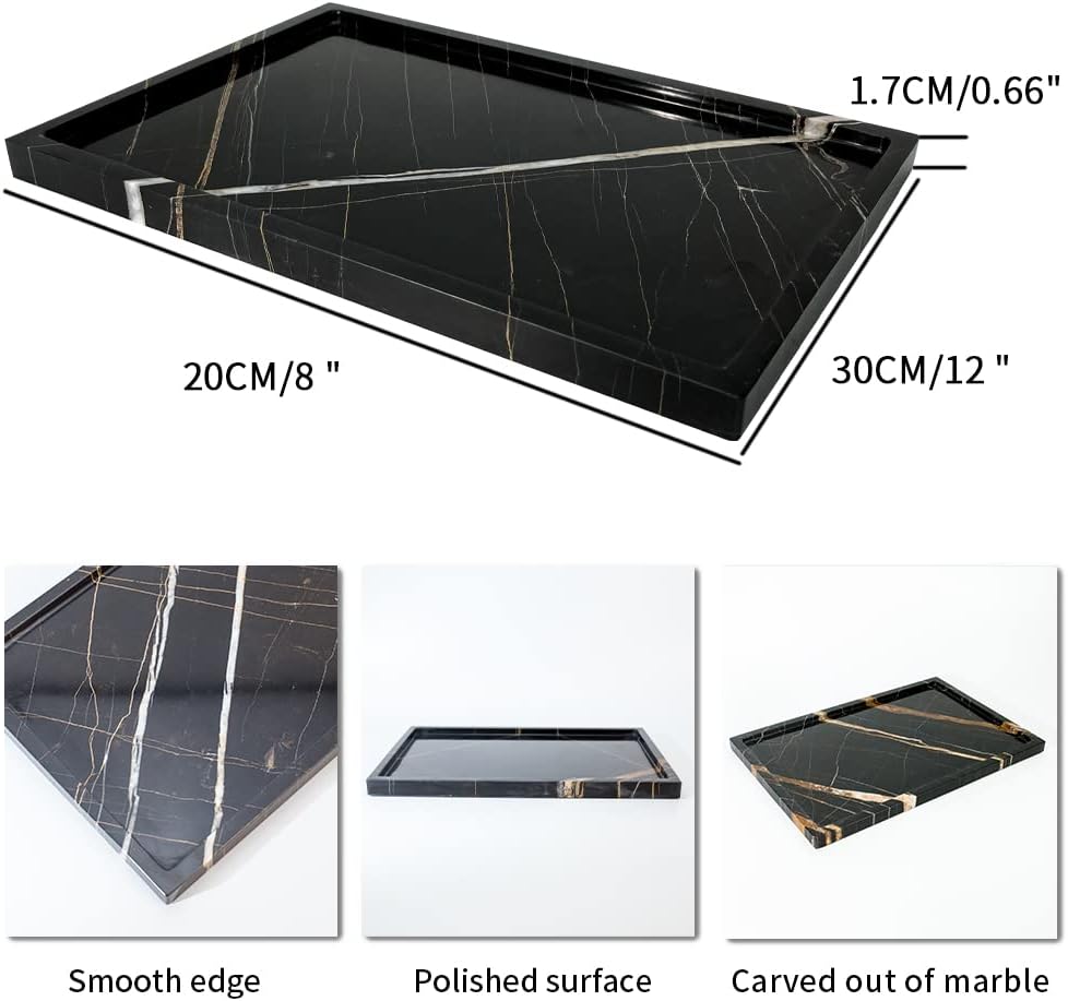 Bandeja de almacenamiento de mármol natural de lujo para decoración del hogar, bandeja de piedra para bañococinatocadoraparador sin resina(negro