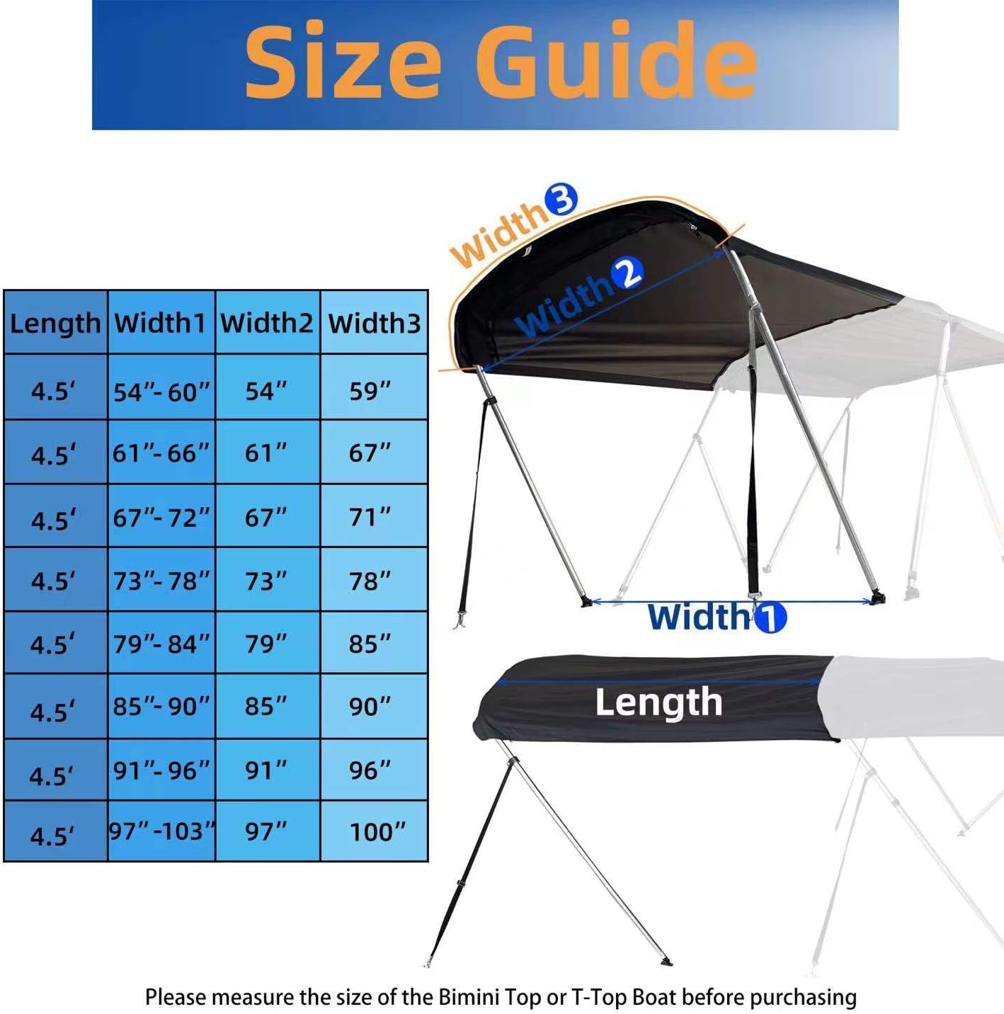 Kit universal de parasol Bimini de 2 a 4 lazos en la parte superior y en T para lancha de 54 a 103 pulgadas de ancho, a prueba de rayos UV, lona