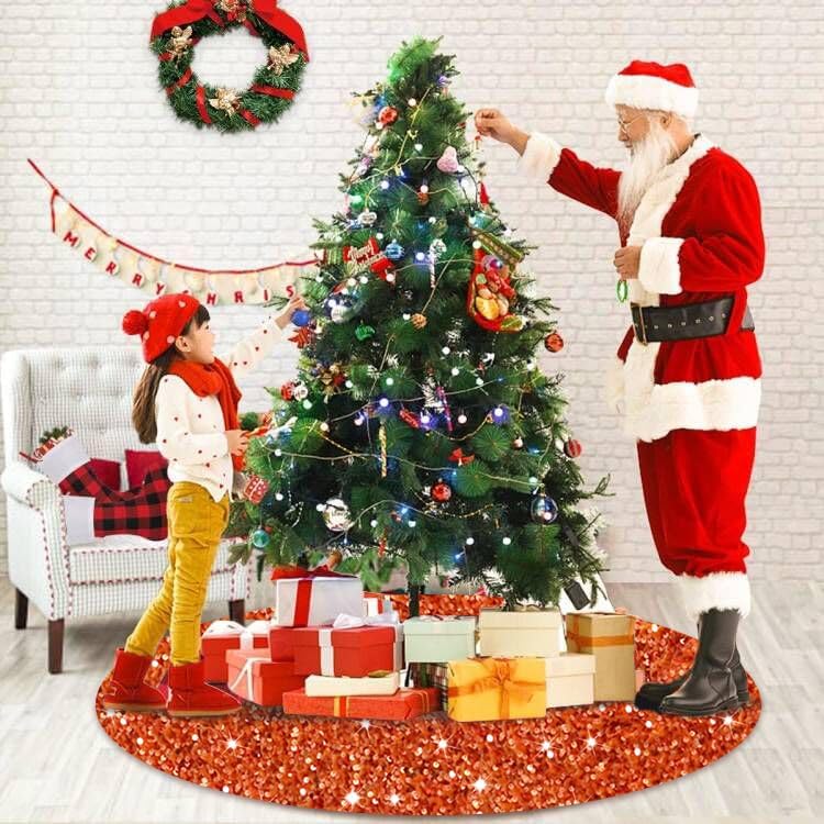 Faldas de árbol de Navidad con purpurina de 21 pulgadas, falda de árbol de Papá Noel con lentejuelas naranjas, tapete de terciopelo para árbol de