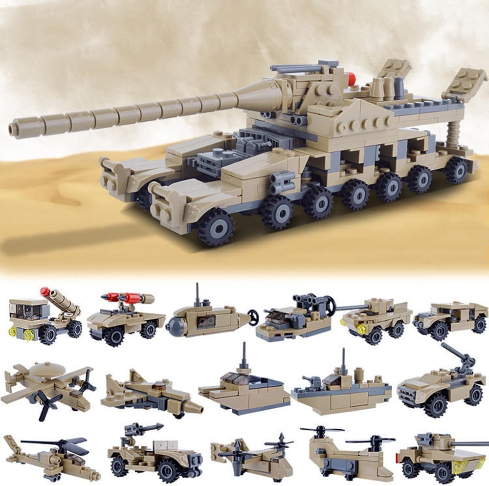 ENHANA 16 en 1 bloque de construcción del ejército tanque de juguete de construcción de tanque de mamut con vehículos tácticos, tanques militares,