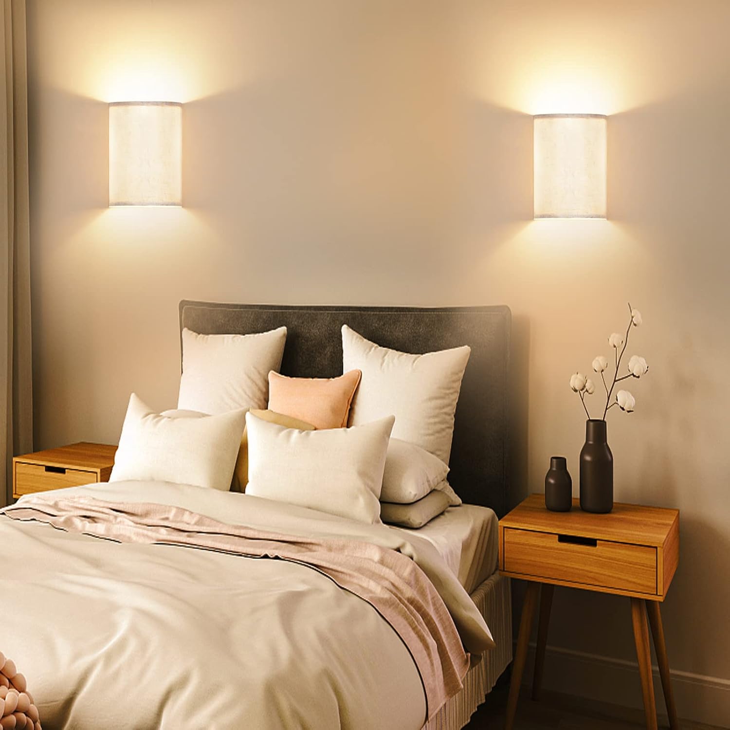 LABOREDUCER Juego de 2 lámparas de pared para dormitorio, con pantalla de tela, apliques LED de granja, iluminación de pared cableada, luces de