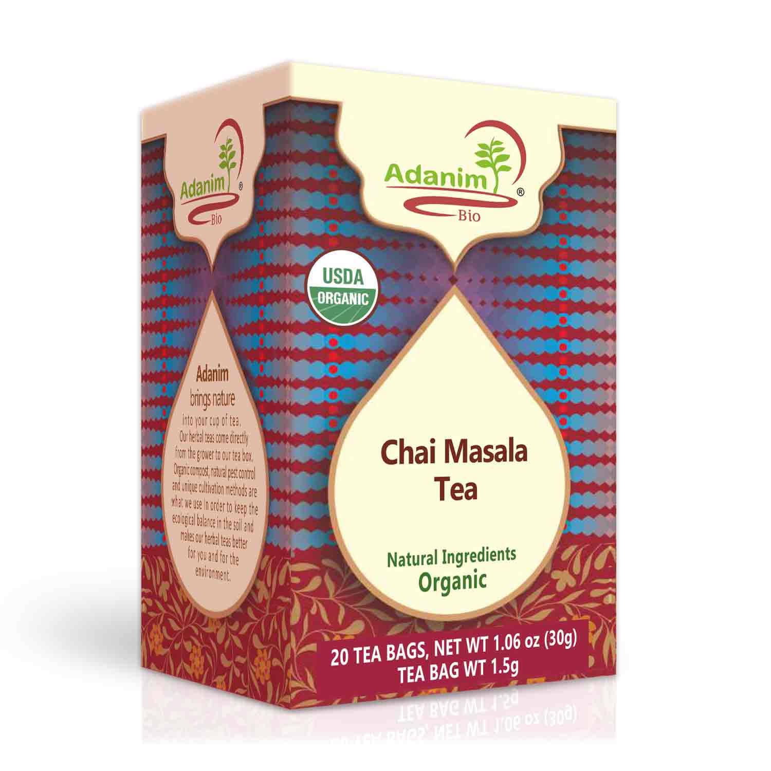 Adanim Bio Bolsas de té indio Chai, 20 bolsitas de té, bolsas de té orgánico Masala Chai Chai, té indio Chai Masala sin cafeína, té Masala Chai