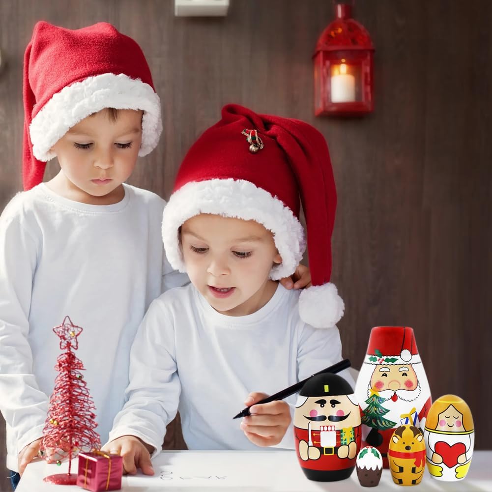Winterworm Juego de 5 muñecas anidables de Navidad, regalo de Papá Noel, soldado, ángel, alce, madera, Matryoshka, manualidades, muñeca de anidación