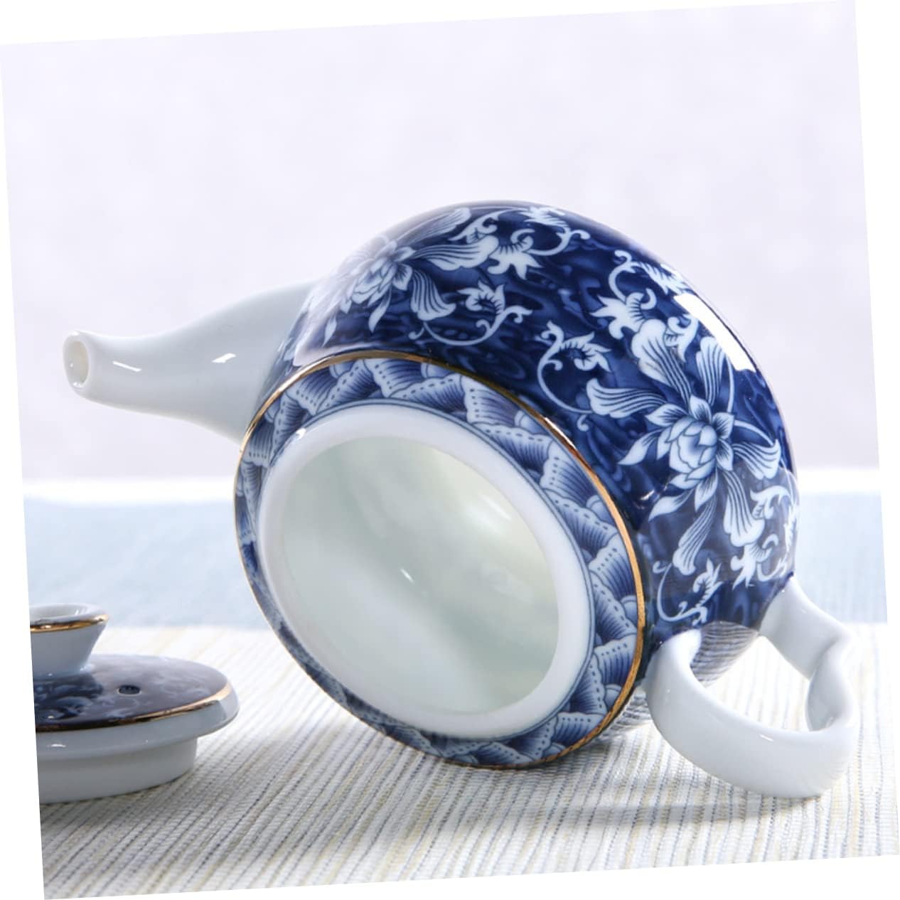 Uonlytech Tetera de porcelana azul y blanca, tetera de cerámica, tetera de viaje, tetera retro, tetera portátil de cerámica con asa, tetera pequeña