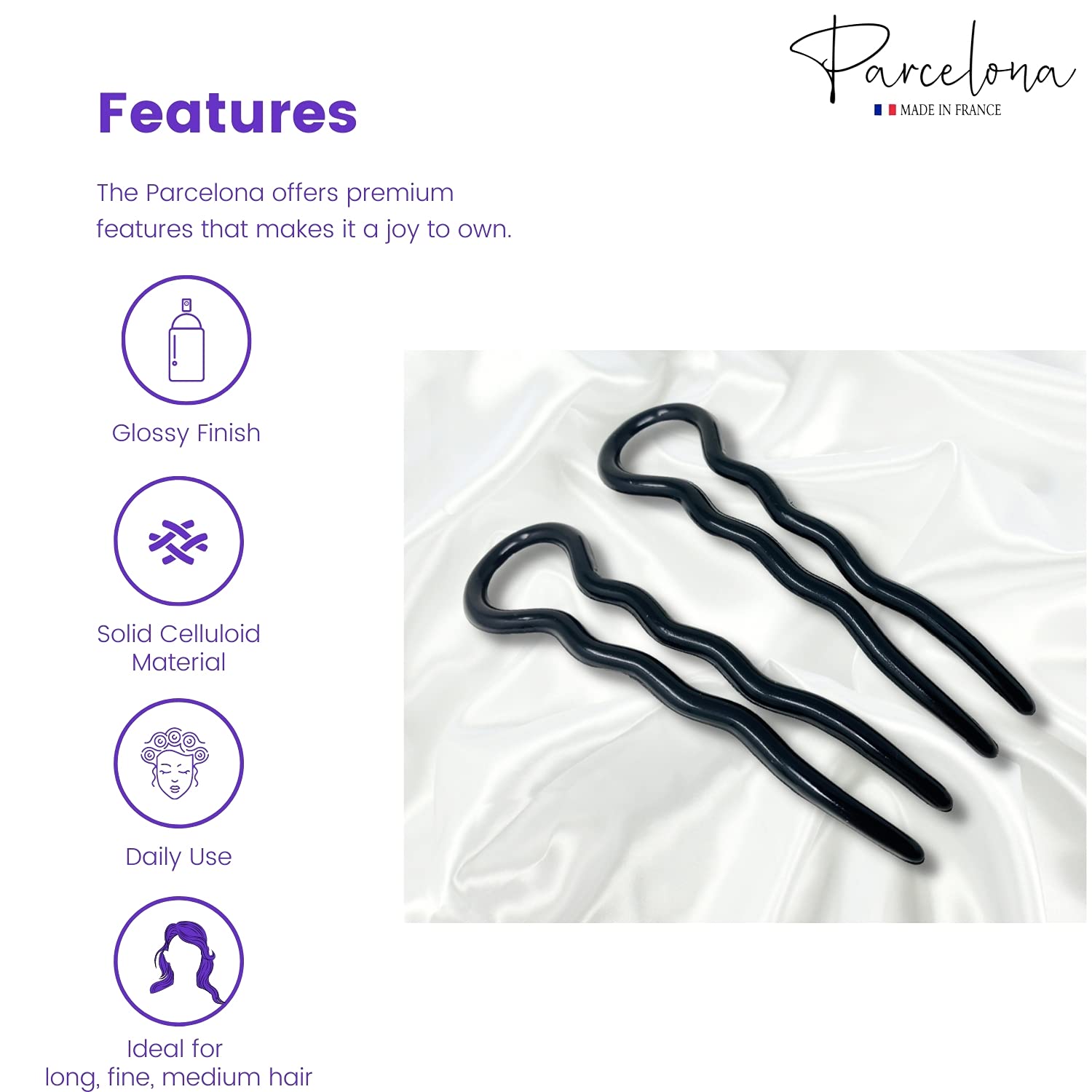 Parcelona French Sleek – Juego de 2 horquillas onduladas en forma de U de 3.5 pulgadas