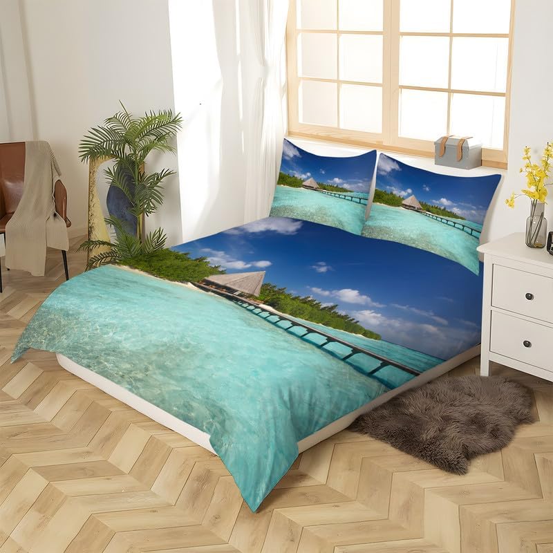 Azure Beach – Juego de funda de edredón con estampado de vista completa, funda de edredón de microfibra suave y 2 fundas de almohada de 20 x 26