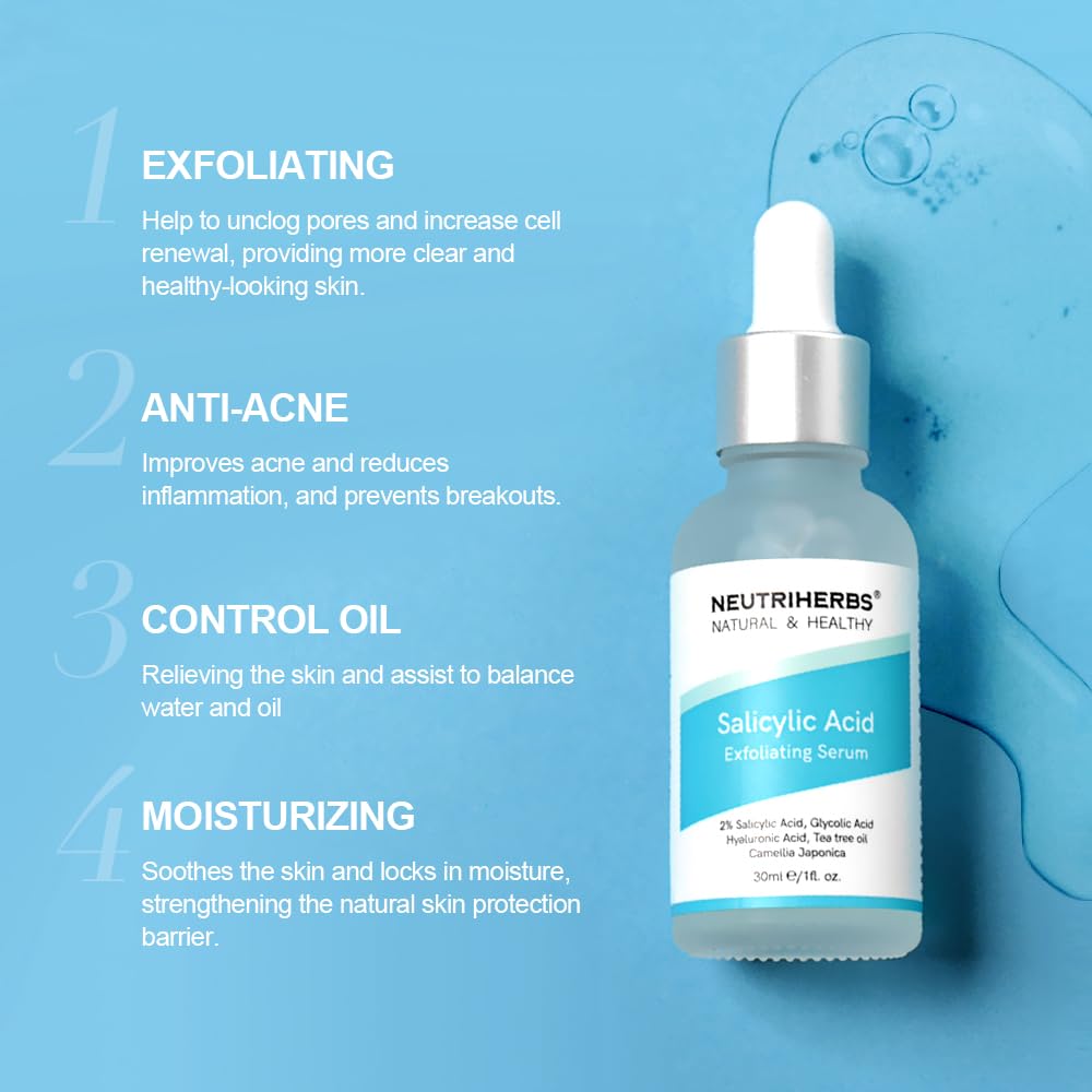 NEUTRIHERBS Suero exfoliante de ácido salicílico, poros sin obstrucciones y minimizados, suero facial para piel grasa y propensa al acné – 1 onza