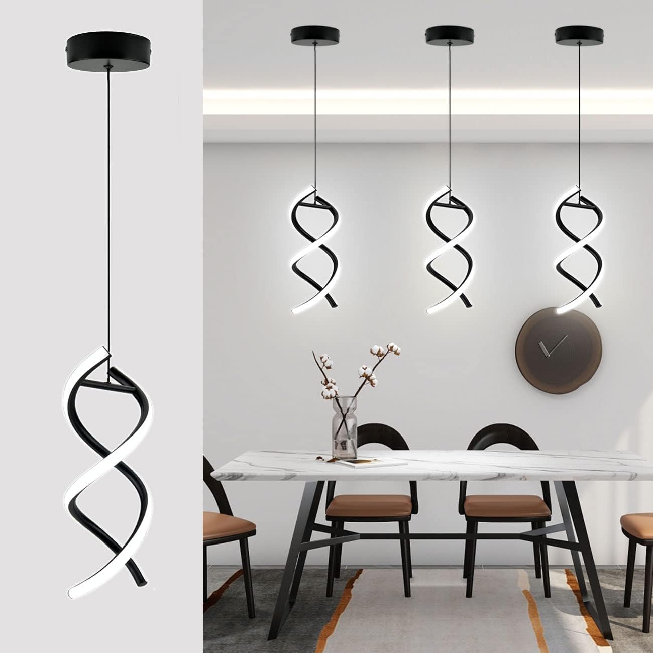 CANEOE Lámpara colgante LED en espiral, luz blanca fría de 15 W, moderna lámpara colgante LED integrada, lámpara de isla ajustable para sala de