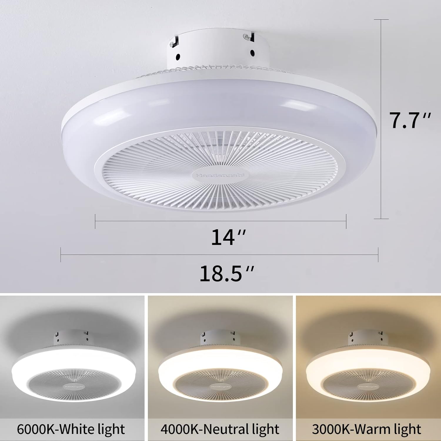 Ventilador de techo sin aspas de 18 pulgadas con luz, pequeño ventilador de techo negro con luz, 3 velocidades, 3 colores claros, ventilador de