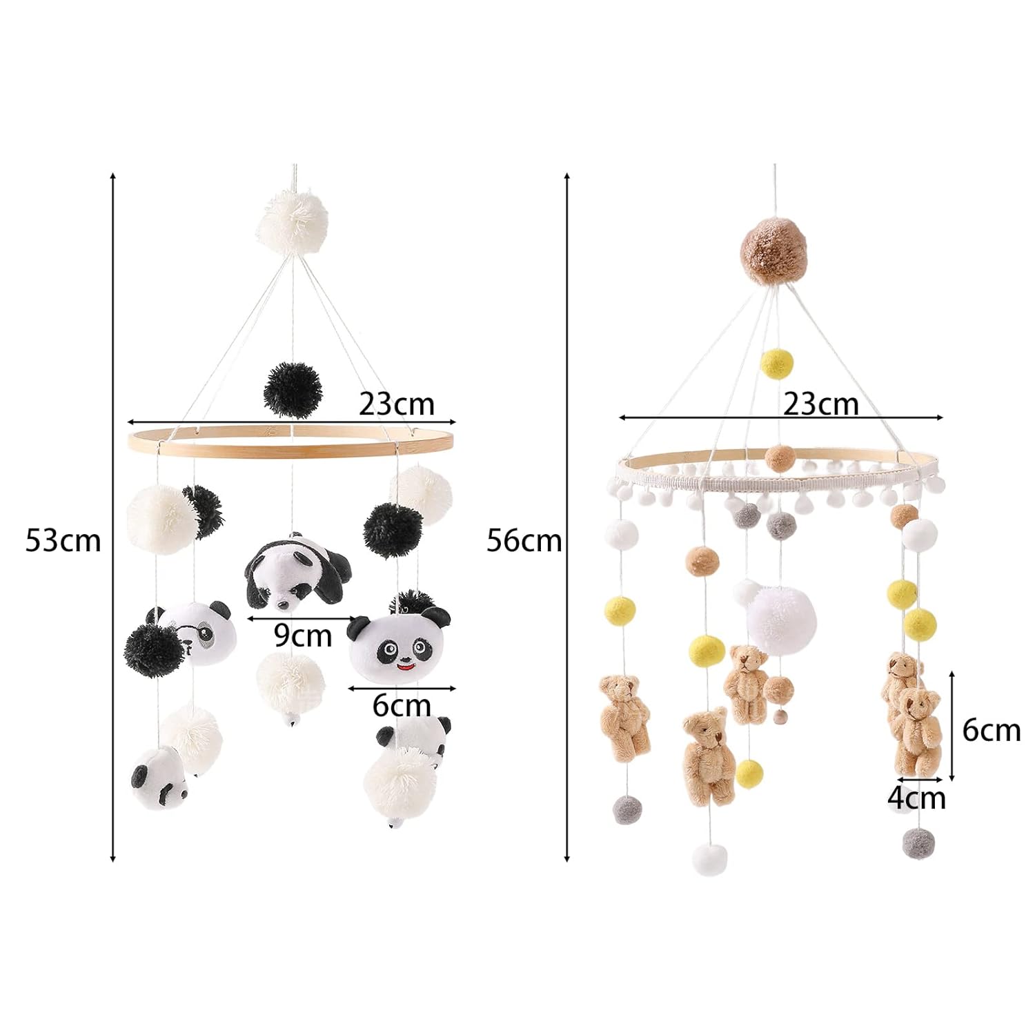 Móvil de bebé para cuna  Campana de cama de panda, campanilla de viento para niñas y niños, móvil para moisés, bola de fieltro, juguete colgante