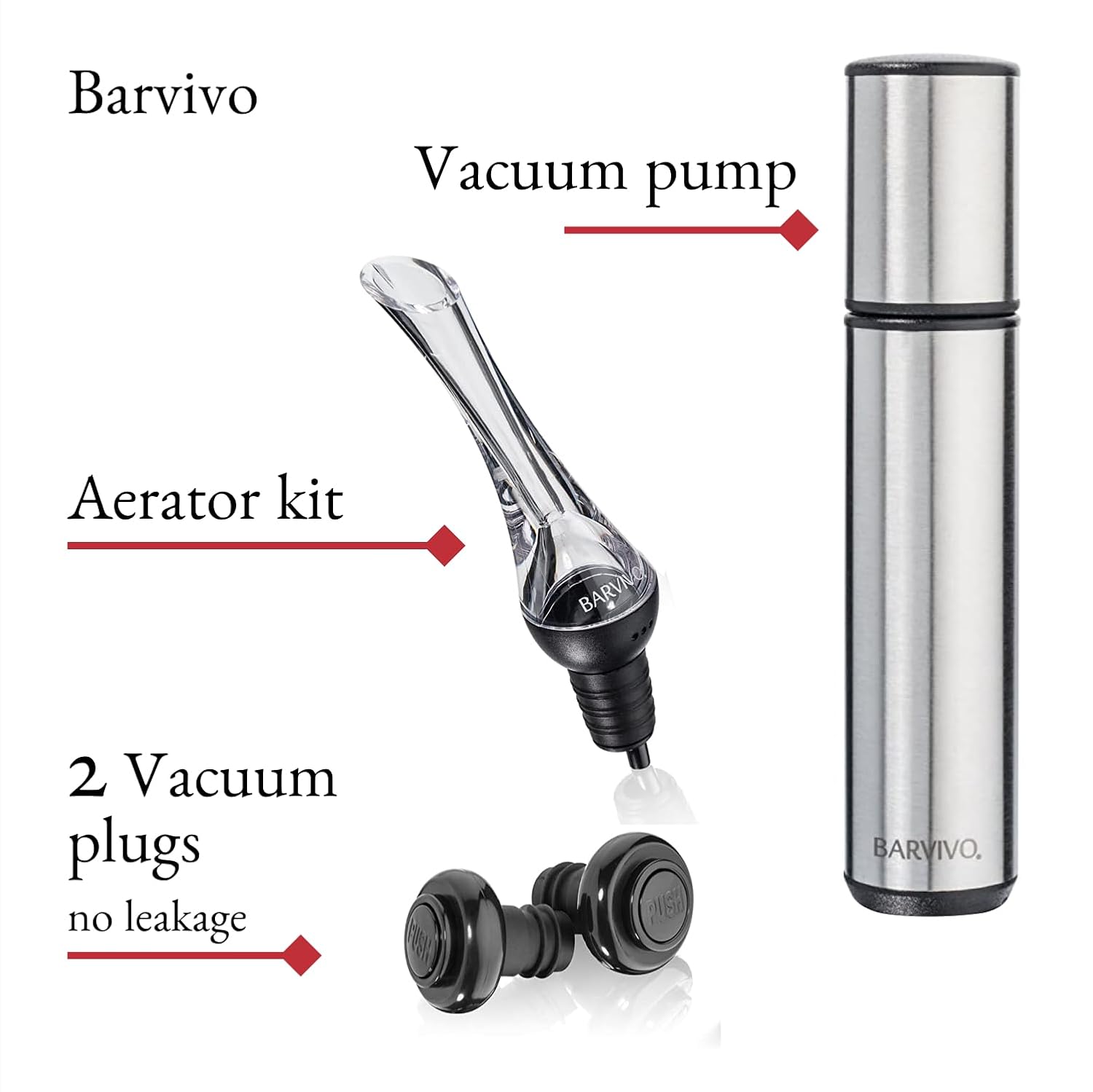BARVIVO Kit de conservador de vino de alta calidad, tapones para botellas de vino extra fáciles de usar y bomba de vino al vacío, mantiene el vino