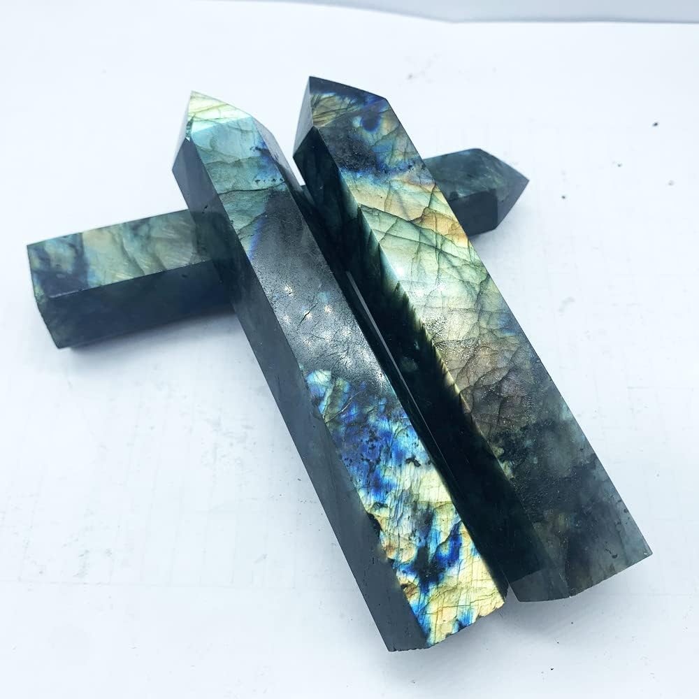 FEIXI Piedra curativa de labradorita de cristal natural, piedra curativa de cuarzo con obelisco, piedra energética (1.5 libras)