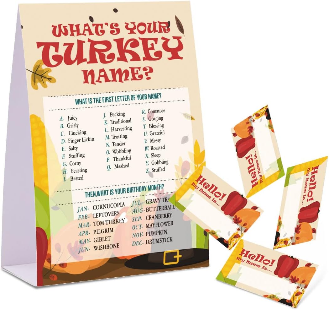 Juego de nombre de Acción de Gracias, con texto en inglés “What’s Your Turkey”, paquete de 1 letrero y 30 etiquetas de nombre, juegos de fiesta de