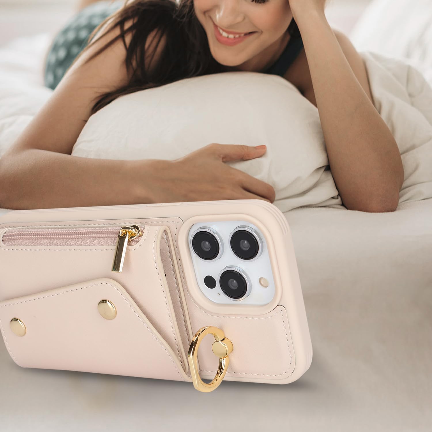 Funda para iPhone 13 Pro Max con tarjetero y correa, bolsillo con cremallera, correa cruzada con cordón, soporte para tarjetas de crédito, anillo de